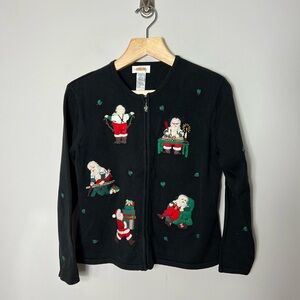 Vintage Talbots Christmas Sweater Cardigan Santa Claus Appliqué Black Small H